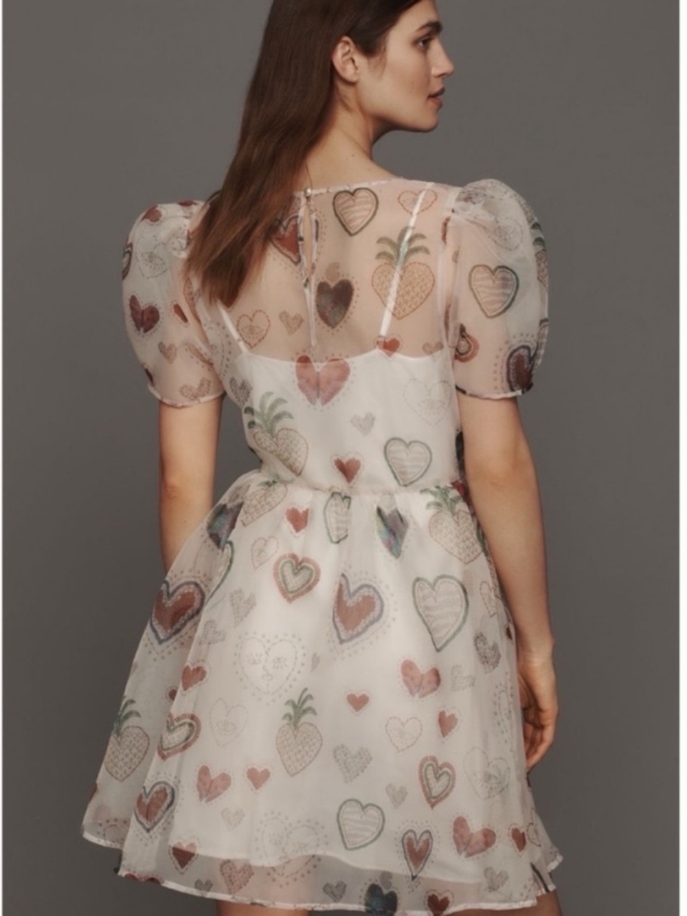 NWT Farm Rio Organza Puff-Sleeve Hearts Eye print Dress, size L - Picture 4 of 15